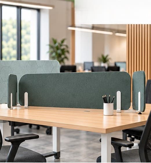 Workstations fitted with sage green acoustic screens in an open office