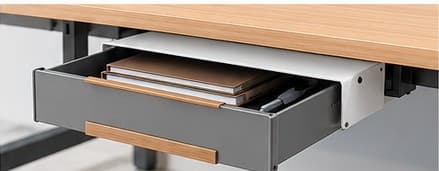 Grey sheet metal under-desk drawer with a wooden front