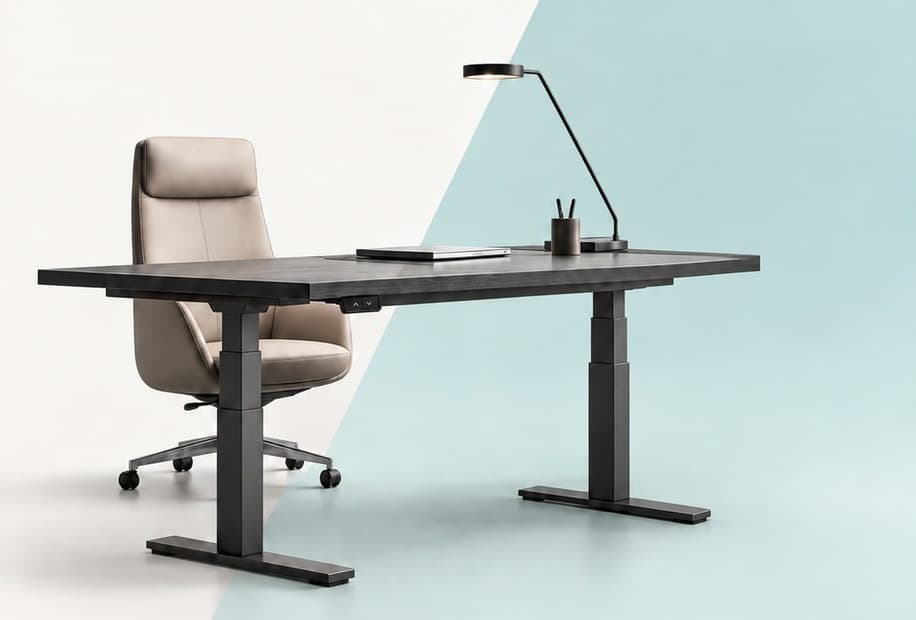 Spatial height-adjustable desk with a dark top and a beige leather executive chair
