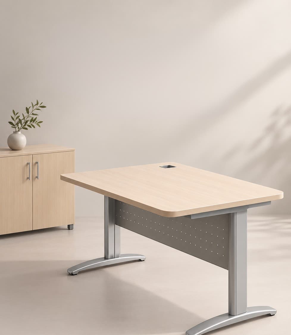 Spatial office table with a light oak top and silver legs beside a matching cabinet