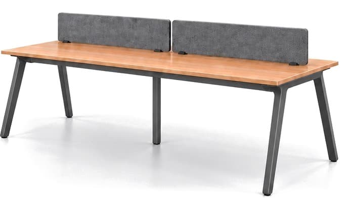 Aero Meet two-seater workstation with a wood-finish top, dark metal frame and grey fabric screens