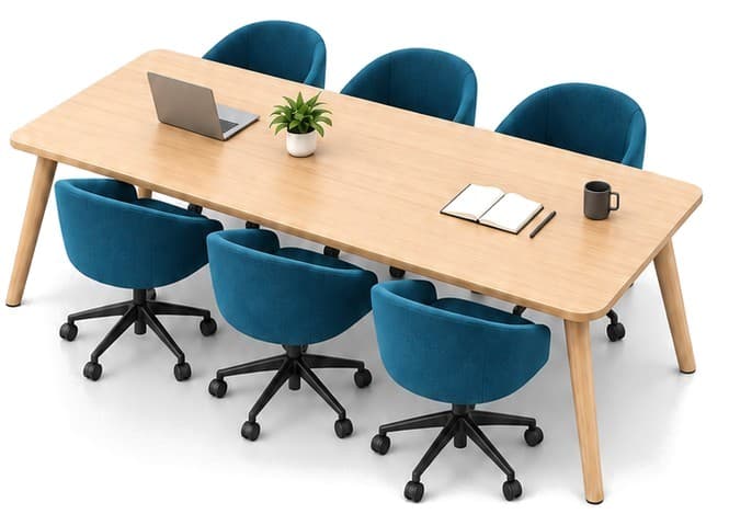 Collab Table six-seater meeting table with tapered wooden legs and blue upholstered chairs
