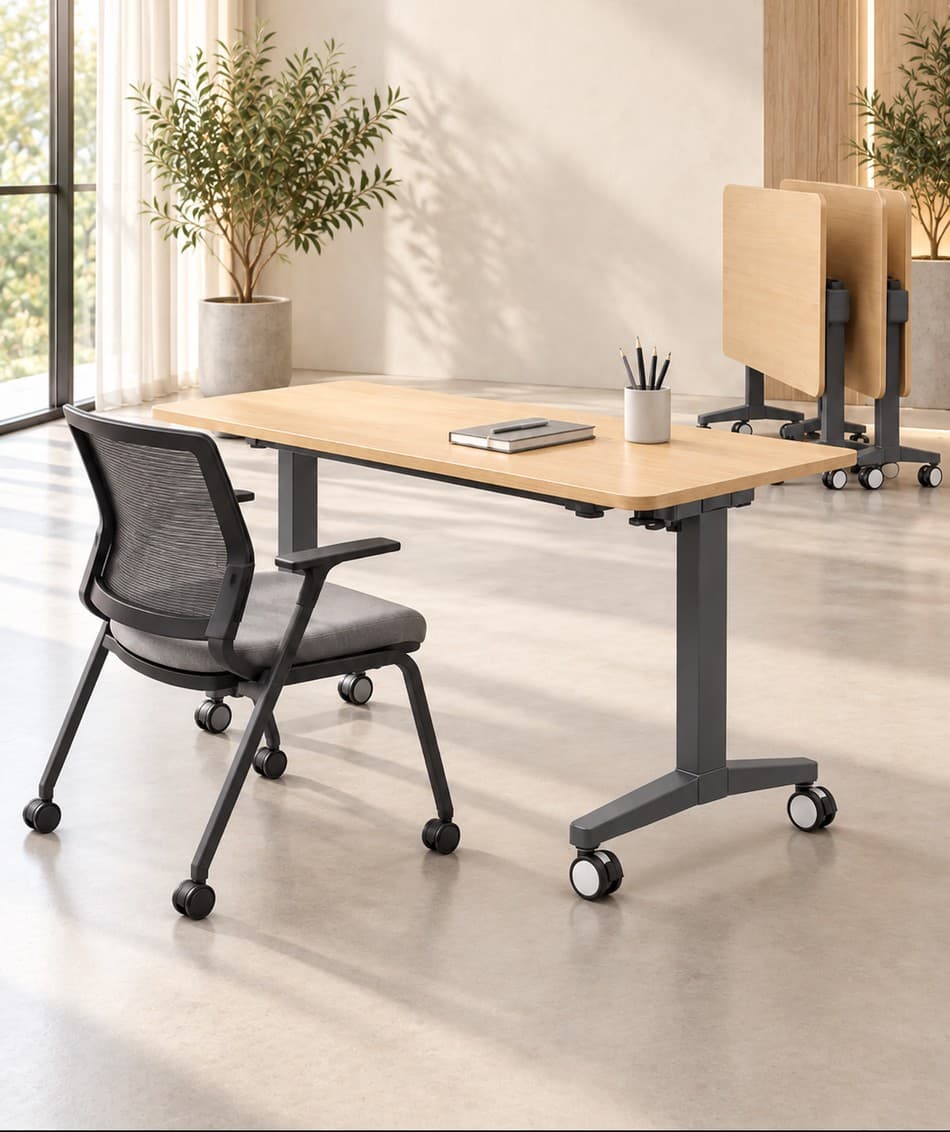 Foldable training table with a mesh chair in a sunlit room, more tables folded in the background