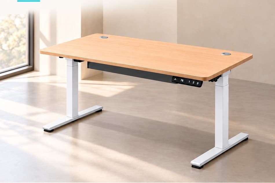 Height-adjustable desk with a light wood top in a sunlit office