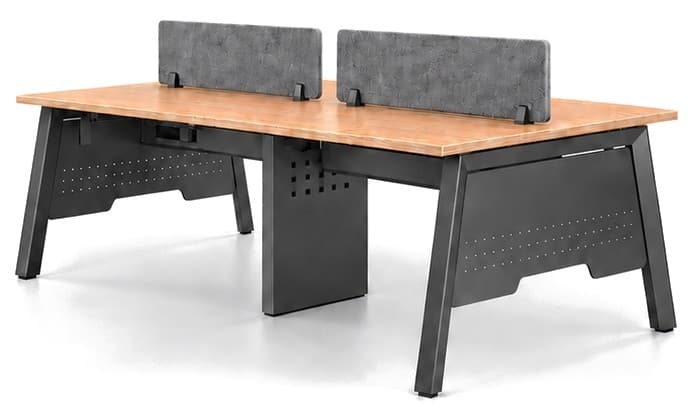 Vertex Bench shared workstation with a wood-finish top, perforated black metal frame and fabric screens