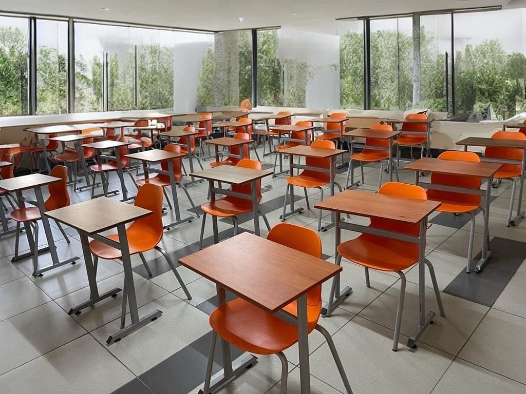 Rows of single student desks with orange shell chairs in a bright classroom — interior concept