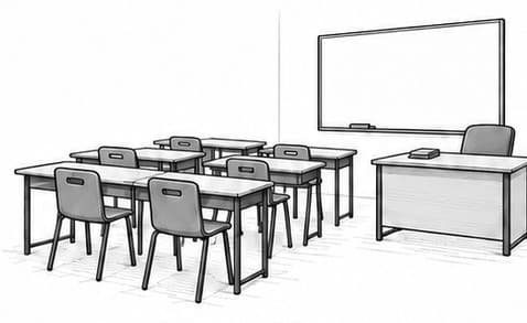 Illustration of a classroom with student desks, chairs and a whiteboard