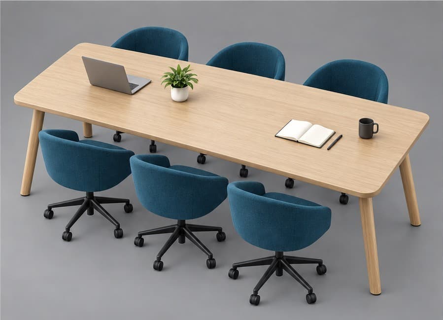 Collab Table six-seater meeting table with blue upholstered chairs, seen from above
