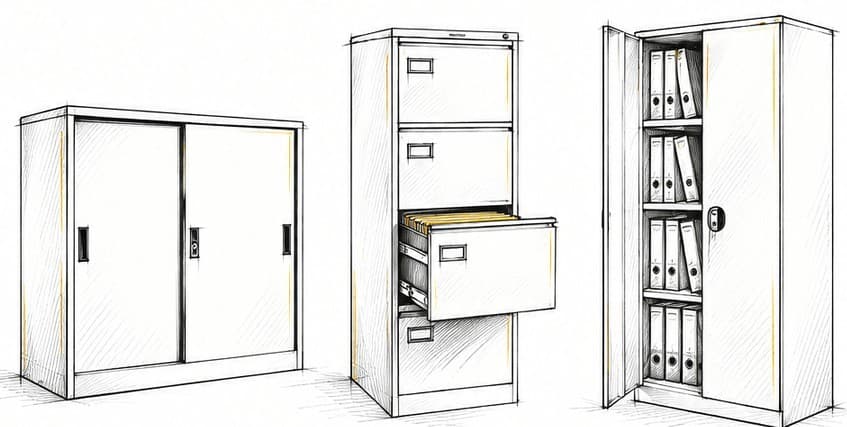 Illustration of a sliding-door cabinet, a drawer filing cabinet and a document cupboard