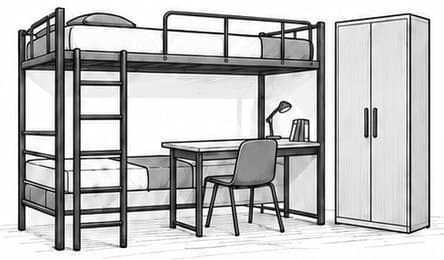 Illustration of a hostel bunk bed with study desk and wardrobe