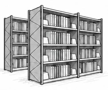 Illustration of double-sided library racks filled with books