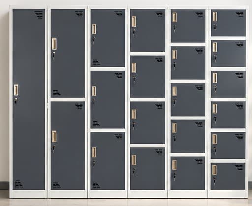 Grey multi-tier locker system with mixed compartment sizes