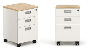 White three-drawer mobile pedestals with oak tops