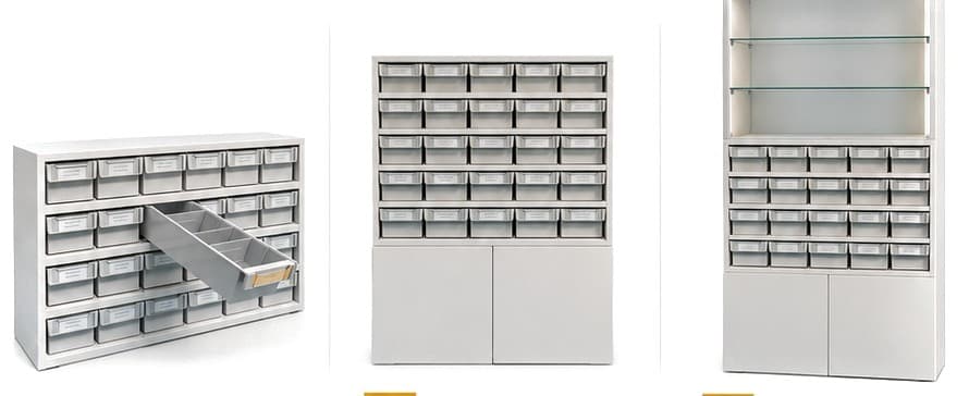 Three pharmacy racks with pull-out bins and base storage