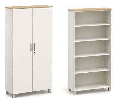 Tall white storage cabinet with doors beside an open shelving unit